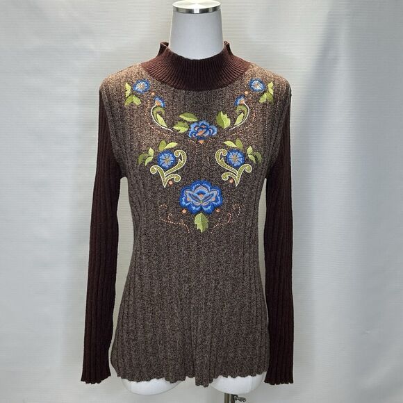 Sundance Sweater Womens Size Medium Floral Embroidered Pullover Mock Neck Brown - Picture 1 of 10